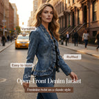 🧥 BEGRÄNSAD TID: 50 % RABATT! ✨ Dammjeansjacka – öppen framsida, volangkant, lätt, klassisk tvätt ✨