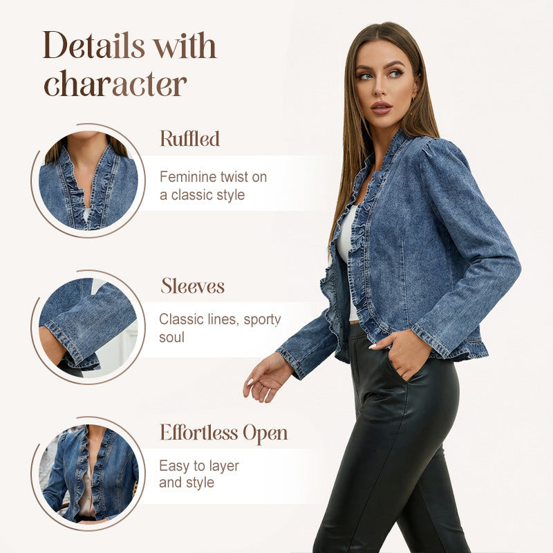 🧥 BEGRÄNSAD TID: 50 % RABATT! ✨ Dammjeansjacka – öppen framsida, volangkant, lätt, klassisk tvätt ✨