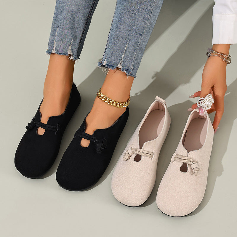 🔥 Slip-On Platta Skor i Konstmocka för Dam – Tidlös Repknutdesign i Svart & Beige 🍂