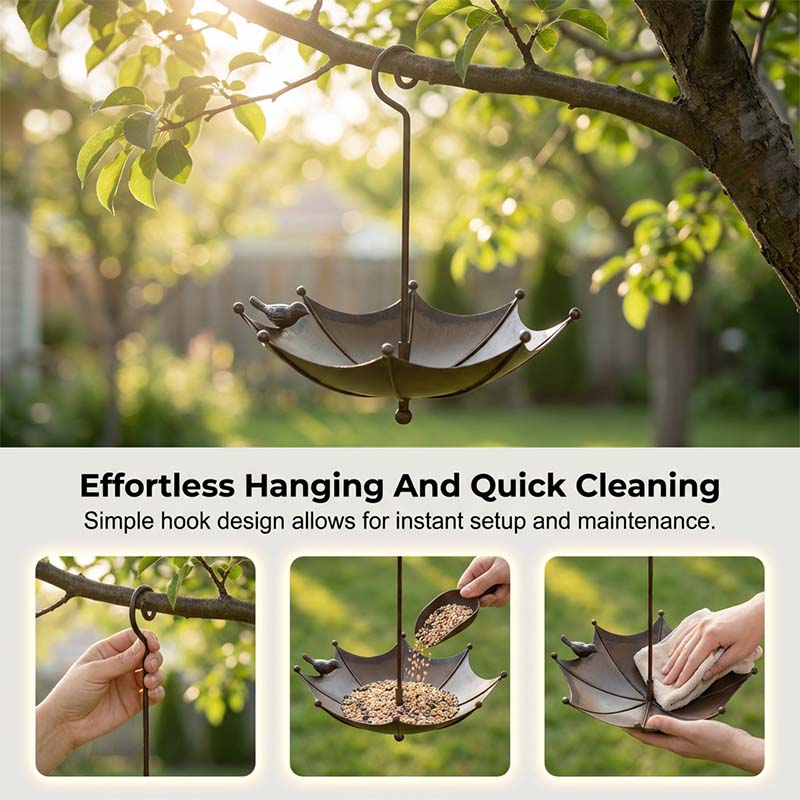 Hängande fågelmatare och fågelbad i paraplydesign