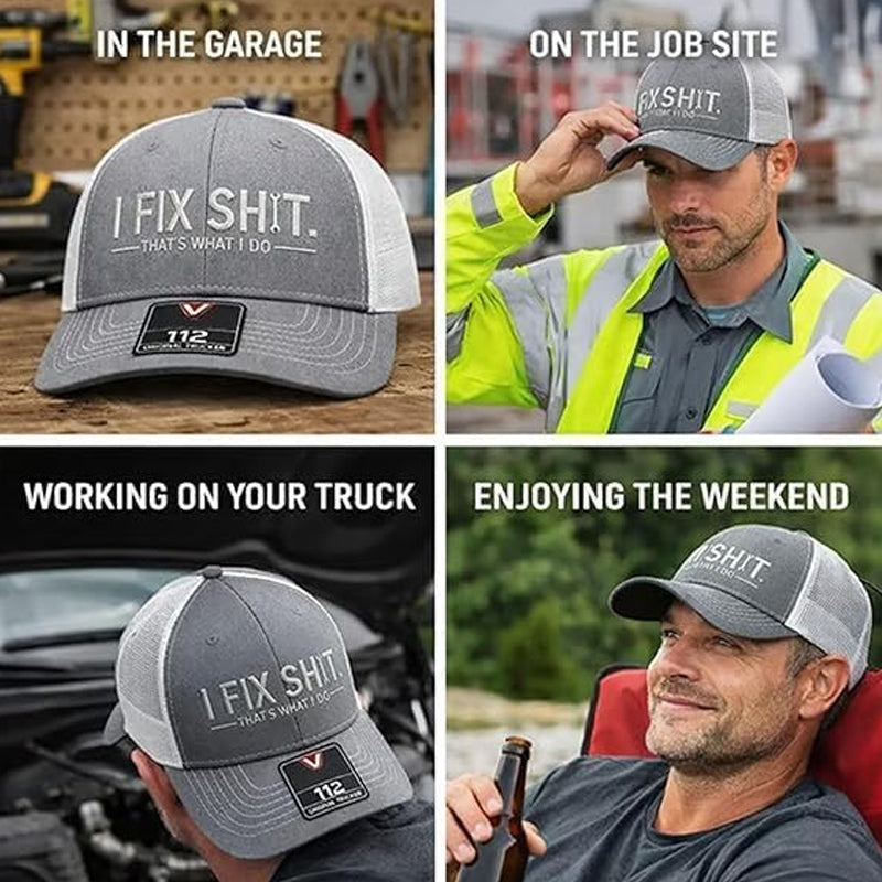 🧢 BEGRÄNSAD TID: 50 % RABATT! ✨ Broderad truckerkeps med texten ”I Fix Shit” – andningsbart nätmaterial, solskydd, en iögonfallande och rolig present 🛠️