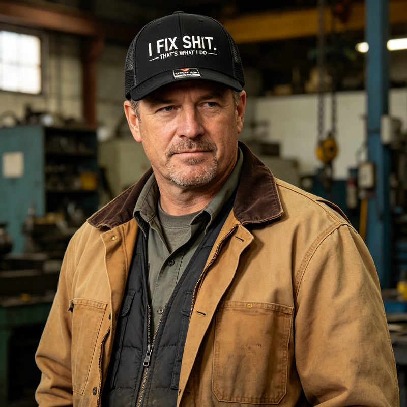 🧢 BEGRÄNSAD TID: 50 % RABATT! ✨ Broderad truckerkeps med texten ”I Fix Shit” – andningsbart nätmaterial, solskydd, en iögonfallande och rolig present 🛠️
