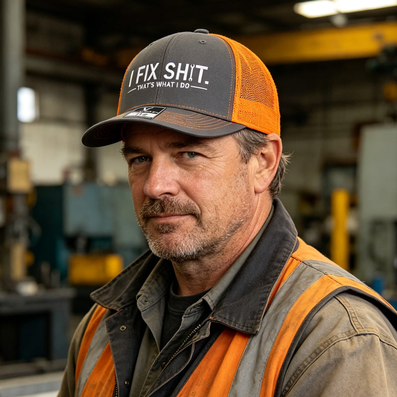 🧢 BEGRÄNSAD TID: 50 % RABATT! ✨ Broderad truckerkeps med texten ”I Fix Shit” – andningsbart nätmaterial, solskydd, en iögonfallande och rolig present 🛠️
