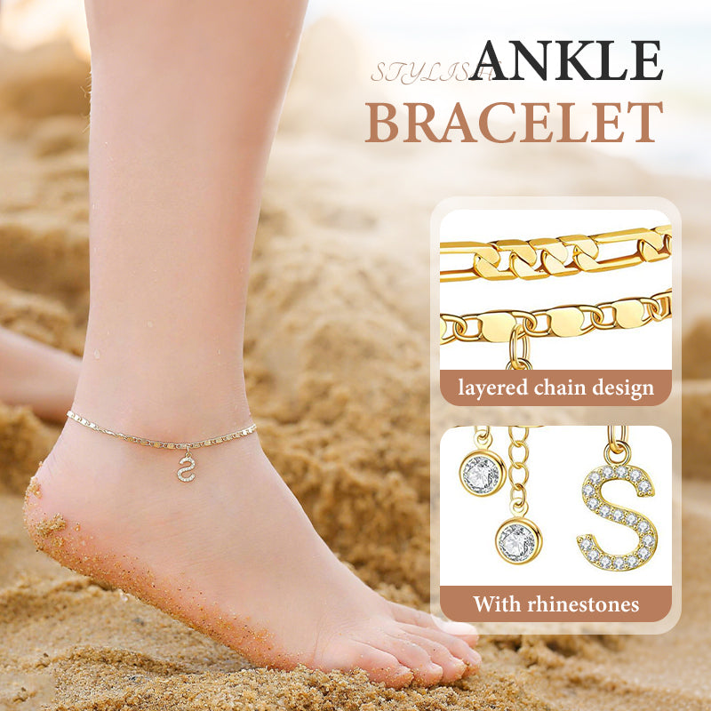 ✨ Layered Gold Ankle Bracelet for Women – Rhinestone, Adjustable, Beach Jewelry 🏖️