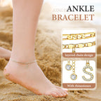 ✨ Layered Gold Ankle Bracelet for Women – Rhinestone, Adjustable, Beach Jewelry 🏖️