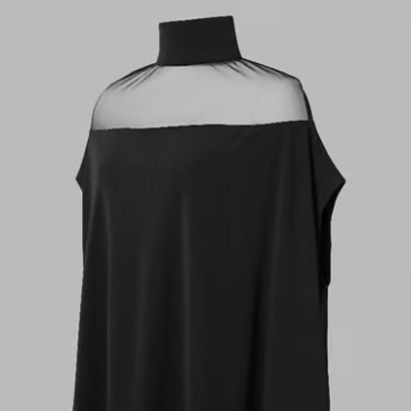 👗 BEGRÄNSAD TID: 50 % RABATT! 🦇 Damblus med hög hals och fladdermusärmar – genomskinligt parti, lös passform, svart 🍂