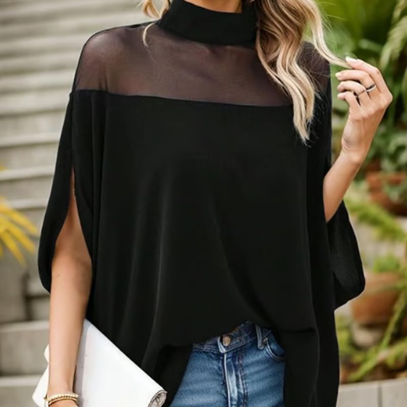 👗 BEGRÄNSAD TID: 50 % RABATT! 🦇 Damblus med hög hals och fladdermusärmar – genomskinligt parti, lös passform, svart 🍂