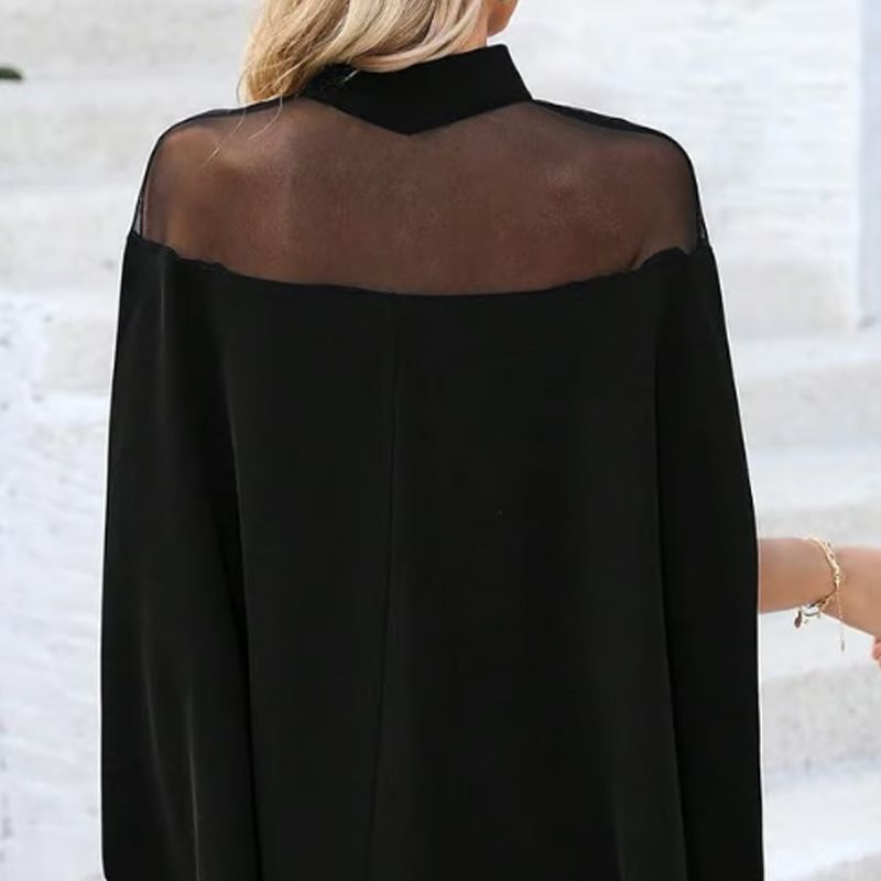 👗 BEGRÄNSAD TID: 50 % RABATT! 🦇 Damblus med hög hals och fladdermusärmar – genomskinligt parti, lös passform, svart 🍂