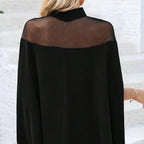 👗 BEGRÄNSAD TID: 50 % RABATT! 🦇 Damblus med hög hals och fladdermusärmar – genomskinligt parti, lös passform, svart 🍂