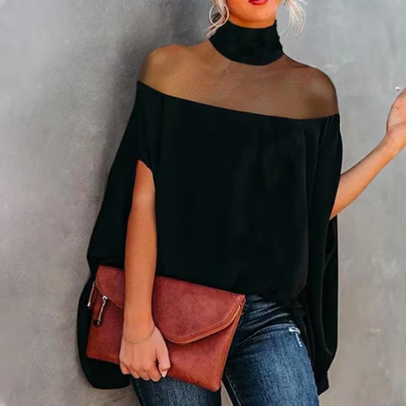 👗 BEGRÄNSAD TID: 50 % RABATT! 🦇 Damblus med hög hals och fladdermusärmar – genomskinligt parti, lös passform, svart 🍂