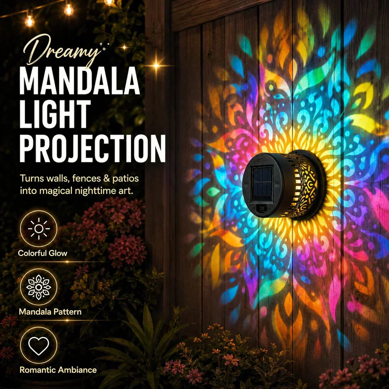 🌞 NU 50 % RABATT! 🌀 Mandala-sollampa – Vackra mönsterprojektioner, dubbel funktion för montering på golv och vägg, vattentät enligt IP65 samt automatisk på-/avstängning
