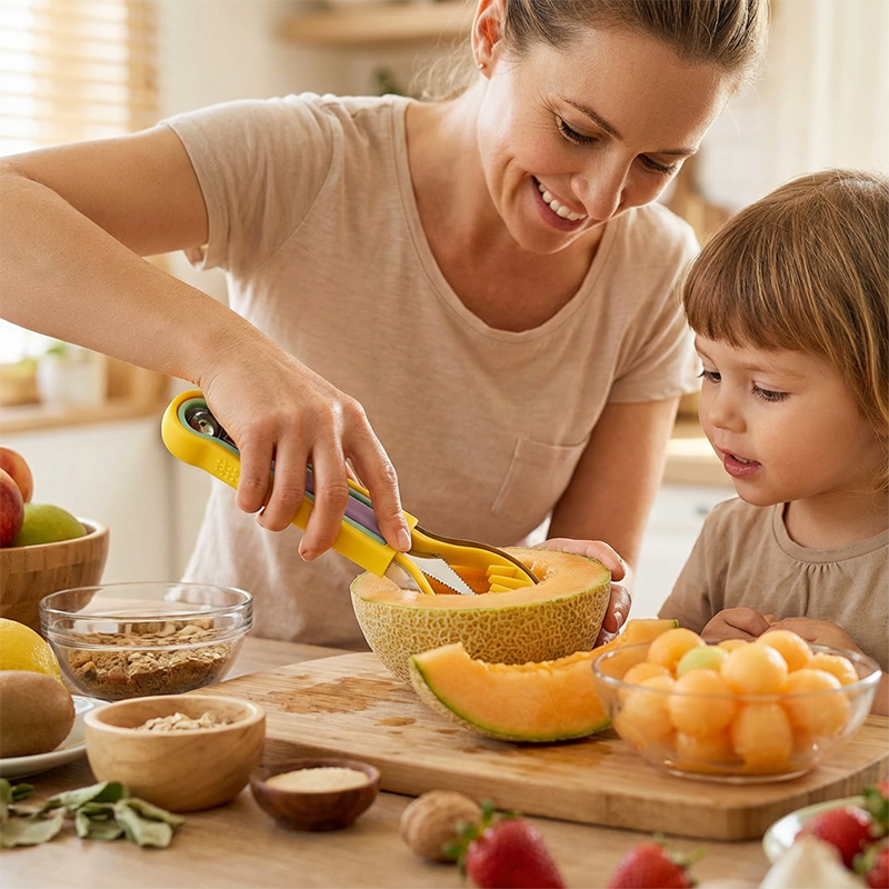 🍉🍈🥄 TIDSBEGRÄNSAT ERBJUDANDE: 50 % RABATT! Multifunktionellt fruktskär- och skopset – Skär och skopa ur vattenmelon, melon och mer – Perfekt för fruktsallader, sommarfester och barnens mellanmål 🎉