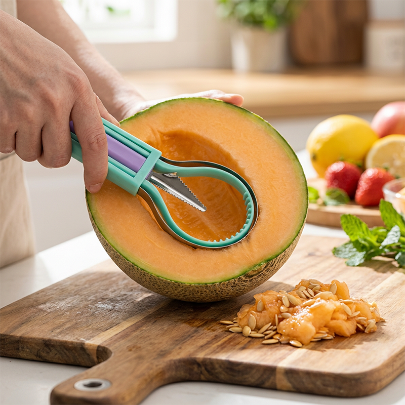 🍉🍈🥄 TIDSBEGRÄNSAT ERBJUDANDE: 50 % RABATT! Multifunktionellt fruktskär- och skopset – Skär och skopa ur vattenmelon, melon och mer – Perfekt för fruktsallader, sommarfester och barnens mellanmål 🎉